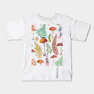 Fall fern leaves and fly agaric mushrooms seamless watercolor pattern. Autumn leaves, red poison mushrooms. Autumn print Kids T-Shirt